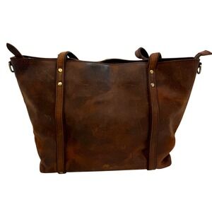 S-ZONE Genuine Leather Tote Bag Brown Distressed Laptop Office Dark Academia